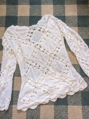Vintage Boston Proper White Crochet Knit Checkerboard Tunic Size XS